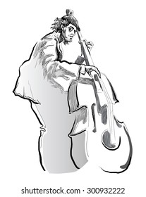 Musicans of jazz. Vector sketches. Man playing contrabass on white background. Sketch of musicans. Vector lineart. Editable in several layers. Vector illustration. Editable in several layers.
