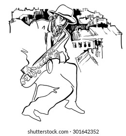 Musicans of jazz. Vector sketches. Man playing saxophone on city background. Vector lineart illustration.
