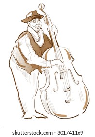 Musicans of jazz. Vector sketches. Man playing contrabass. Sketch of musicans. Vector lineart. Editable in several layers. 