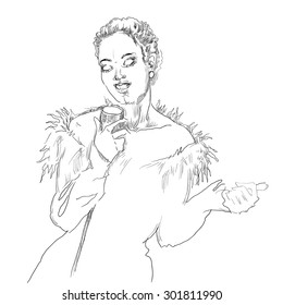 Musicans of jazz. Vector sketches. Woman with microphone. Singer. Black and white vector sketch. Easy editable in several layers. Lineart sketch. 