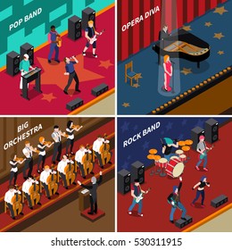 Musicans people performing at stage isometric 2x2 icons set isolated vector illustration