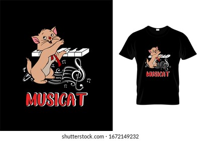 Musicat- Cat playing piano T-shirt. Vector illustration.T-shirt graphics Can be used for print, children wear, Baby shower celebration and poster .Cat label. Cat logo.