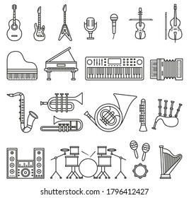 Musicial instruments icons. Vector isolated line art illustrations set