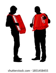 Musician Accordion Man Duet Vector Silhouette Illustration Isolated On White Background. Music Artist Duo Event. Street Entertainment, Performers Amusement For Public. Jazz Man.