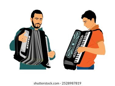 Musician accordion man duo vector Illustration isolated white. Boy music artist event street entertainment. Performer amusement public. Jazz man. Accordionist male music instrument harmonica player. 