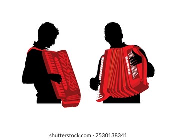 Musiker Akkordeon Mann Duo Vektor Silhouette Illustration einzeln. Junge Musik Künstler Event-Unterhaltung. Schauspieler Unterhaltung öffentlich. Jazz-Mann. Akkordeonist männlichen Musikinstrument Mundharmonikaspieler. 