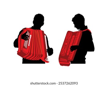 Musician accordion man duo vector silhouette Illustration isolated. Boy music artist event entertainment. Performer amusement public. Jazz man. Accordionist male music instrument harmonica player. 