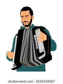 Musician accordion man vector Illustration isolated on white. Boy music artist event street entertainment. Performer amusement public. Jazz man. Accordionist male music instrument harmonica player. 