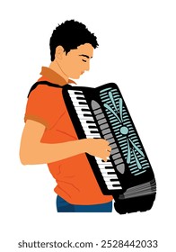 Musician accordion man vector Illustration isolated on white. Boy music artist event street entertainment. Performer amusement public. Jazz man. Accordionist male music instrument harmonica player. 