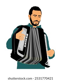 Musician accordion man vector Illustration isolated on white. Boy music artist event street entertainment. Performer amusement public. Jazz man. Accordionist male music instrument harmonica player. 