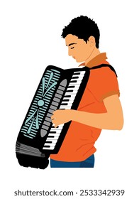 Musician accordion man vector Illustration isolated on white. Boy music artist event street entertainment. Performer amusement public. Jazz man. Accordionist male music instrument harmonica player. 