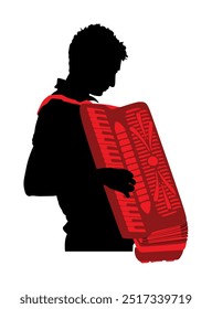 Musician accordion man vector silhouette Illustration isolated. Boy music artist event street entertainment. Performer amusement public. Jazz man. Accordionist male music instrument harmonica player. 