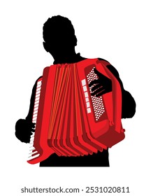 Músico acordeón hombre Vector silueta Ilustración aislada. Artista de música masculina evento de entretenimiento callejero. Artista público de diversión. Hombre Jazz. Acordeonista instrumento de música masculina intérprete de armónica. 