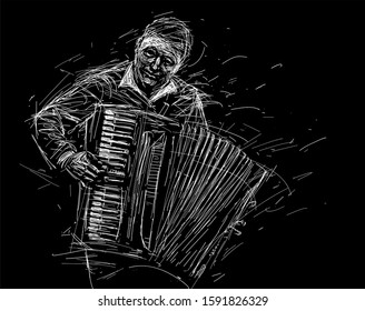 The musician with the accordion. Vector illustration in the sketch style  Poster for a music festival