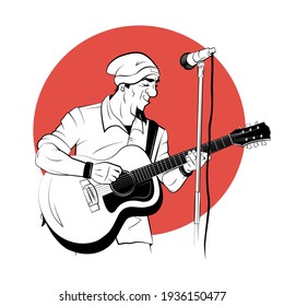 Musician with acoustic guitar in sketch style on red background. Vector illustration.