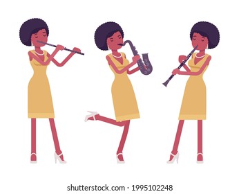 Musician, afro beautiful african american lady playing wind instruments. Saxophone, clarinet, flute performer, pop music band or popular club solo artist. Vector flat style cartoon illustration