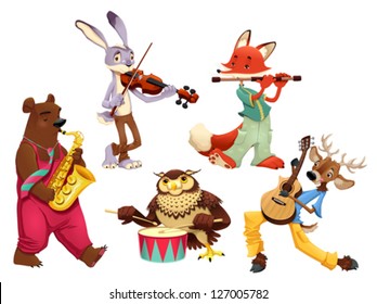 Musician animals. Cartoon and vector isolated characters.