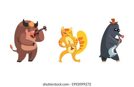 Musician Animals Characters with Musical Instruments Set, Bull, Mole, Cat Playing Violin, Saxophone, Trumpet Cartoon Vector Illustration