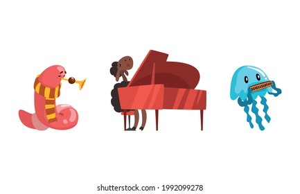 Musician Animals Characters with Musical Instruments Set, Snake, Sheep, Jellyfish Playing Trumpet, Piano, Harmonica Cartoon Vector Illustration