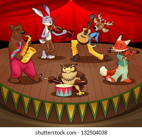 Musician animals on stage. Vector and cartoon illustration.