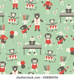 Musician animals. Seamless pattern with cartoon animals playing on musical instruments.