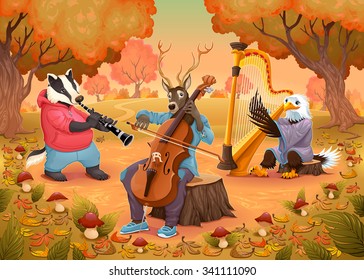 Musician animals in the wood. Cartoon and vector illustration.
