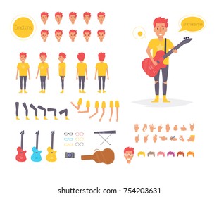 Musician for animation. Poses front, rear, side, three quarter. Creation set. Collection of emotions. Vector. Cartoon. Isolated art on white background. Flat. Different positions of the hands