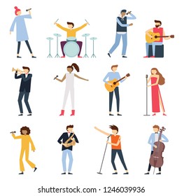 Musician artists. Guitar playing artist, young drummer and pop song singer. Musical instruments stage players or people music hobby. Artistic performer character isolated flat vector icons set