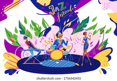 Musician band in jazz festival party vector illustration. Cartoon flat performers playing jazz soul music in musical show performance, woman singer singing at live concert at street fair background