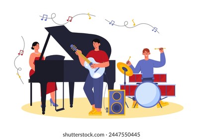 Musician band performing at scene. Men and woman at stage. Drummer, guitarist and pianist. Artists at show. Jazz or rock music. Cartoon flat vector illustration isolated on white background