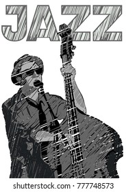 Musician with bass in country style on a white background
