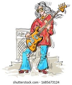 A musician with a bass guitar in the style of the 60s, with long hair and flared jeans. Vector.