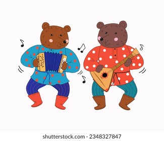 Musician bears. Russian Bear with balalaika and harmonica. Musical instrument. Animal cartoon. Bear in national dress. Note signs. Vector illustration on an isolated background.