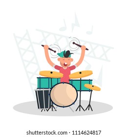 Musician behind the drum set color flat illustration