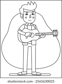 Musician, black-and-white coloring pages for kids, simple lines, cartoon style, happy, cute, funny. The drawings in the children's coloring book depict a series of different professions.