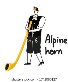 Musician blowing Alphorn- woodwind instrument of the Swiss national. A man yodeler plays on alpine horn.Vector flat cartoon linear style illustration 