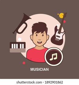 musician boy front view plays guitar trumpet piano with music notes on brown background