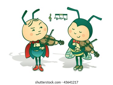Musician bugs playing the violin. Vector illustration of a cute duet of bugs playing the violin.