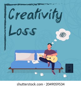 Musician burnout social media post mockup. Creativity loss phrase. Web banner design template. Artist block booster, content layout with inscription. Poster, print ads and flat illustration