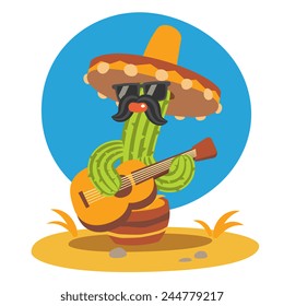 musician cactus cartoon characters with mustache, sombrero, sunglasses, and acoustic guitar, doodle style vector illustration art.