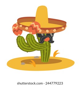 musician cactus cartoon characters with sombrero, sunglasses and shakers, doodle style vector illustration art.
