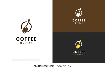 Musician cafe logo design. coffee bean combine with guitar neck logo