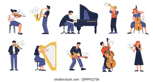 Musician. Cartoon People Playing On Musical Instruments, Jazz And Symphony Orchestral Musicians Performance. Vector Isolated Set