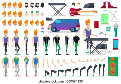 Musician Character Creation Constructor. Man in Different Poses. Male Person with Faces, Arms, Legs, Hairstyles. Vector illustration