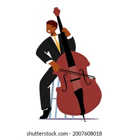 Caracteres de música tocando contrabass o Cello String Instrument se realiza en el escenario con Concierto de Música Clásica. Rendimiento en escena filarmónica, conjunto instrumental. Ilustración del vector de dibujos animados