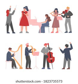 Musician Characters Playing Musical Instruments Set, Playing Violin, Classical Instrumental Symphony Orchestra Performers Flat Style Vector Illustration