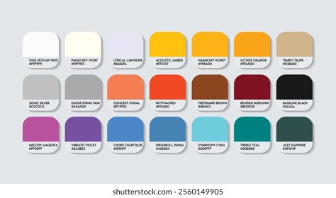 Musician Color Guide Palette with Color Names. Catalog Samples Musician with RGB HEX codes and Names. clothing Colors Palette, Media Musician Color Palette, Fashion Trend Musician Color Palette