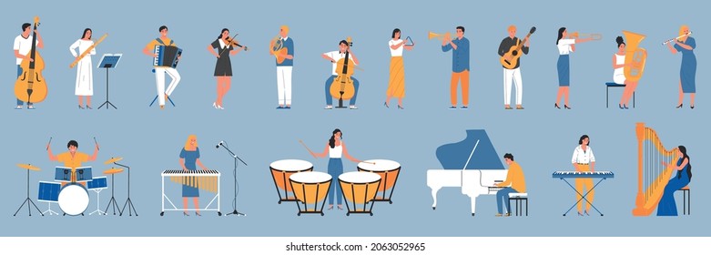 Musician color set with isolated icons of acoustic musical instruments and human characters of professional performers vector illustration