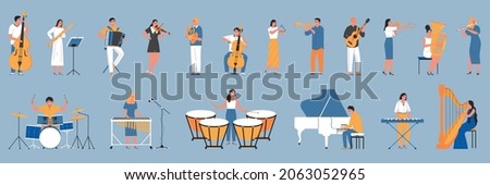 Musician color set with isolated icons of acoustic musical instruments and human characters of professional performers vector illustration