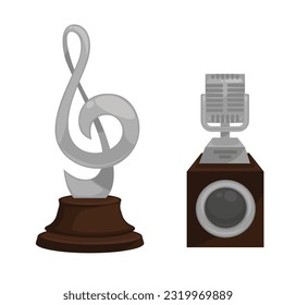 Musician or composer silver award or prize, isolated statuettes in shape of music tune and vintage old school microphone. Singers career and victory in contest, ceremony. Vector in flat style